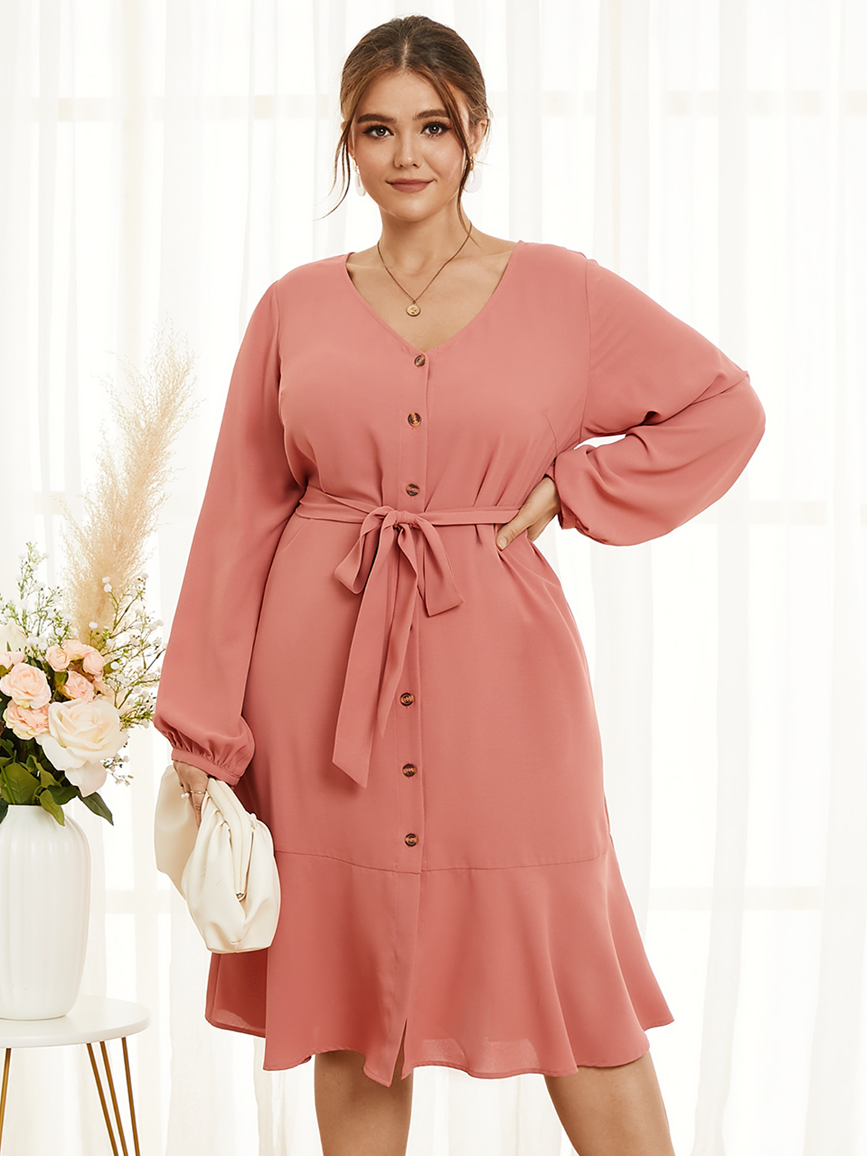 YOINS Plus Size V-neck Belt Design Button Design Long Sleeves Dress