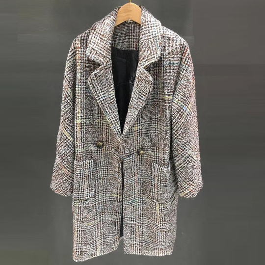 For J - Wool-Blend Plaid Long Coat - Brown/One Size