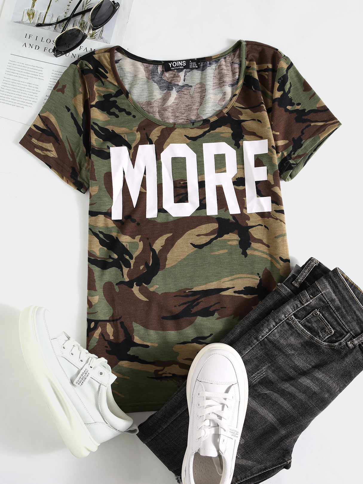 YOINS Camo Letter Print Round Neck Short Sleeves Tee