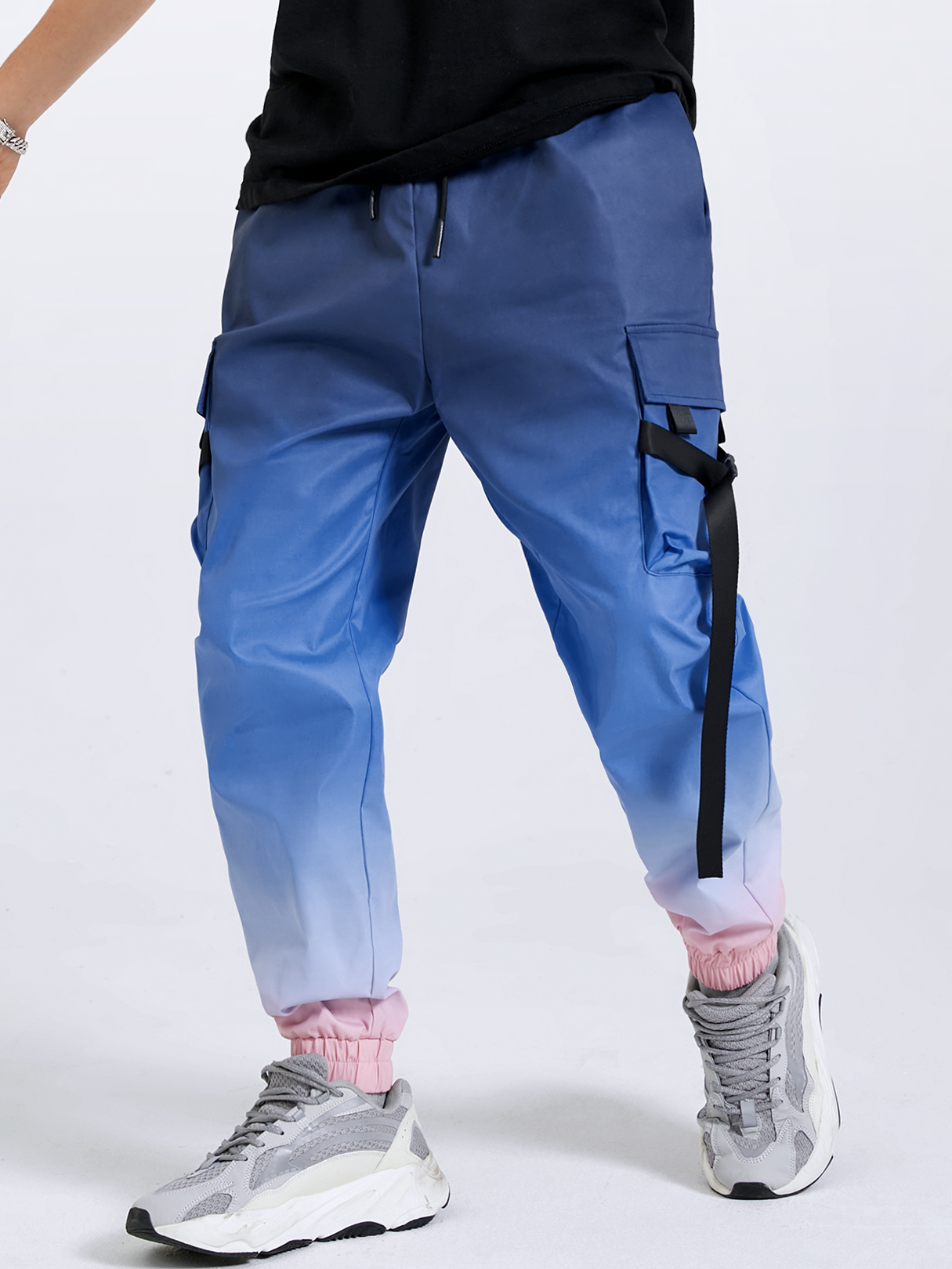 Men Fashion Ombre Color Drawstring Elastic Waist Cargo Pants