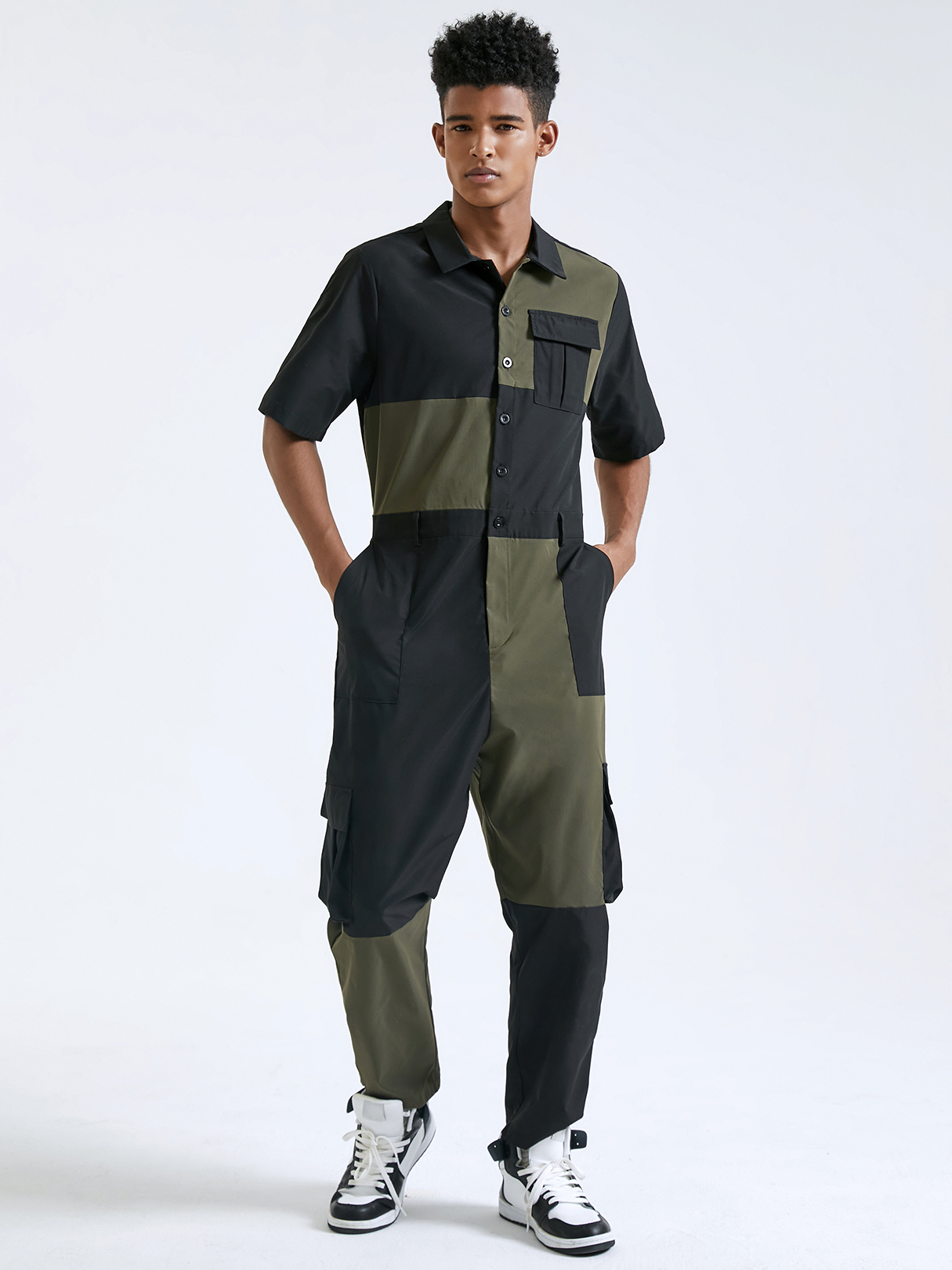 Men Vintage Fashion Colorblock Splicing Short Sleeves Overalls Jumpsuit