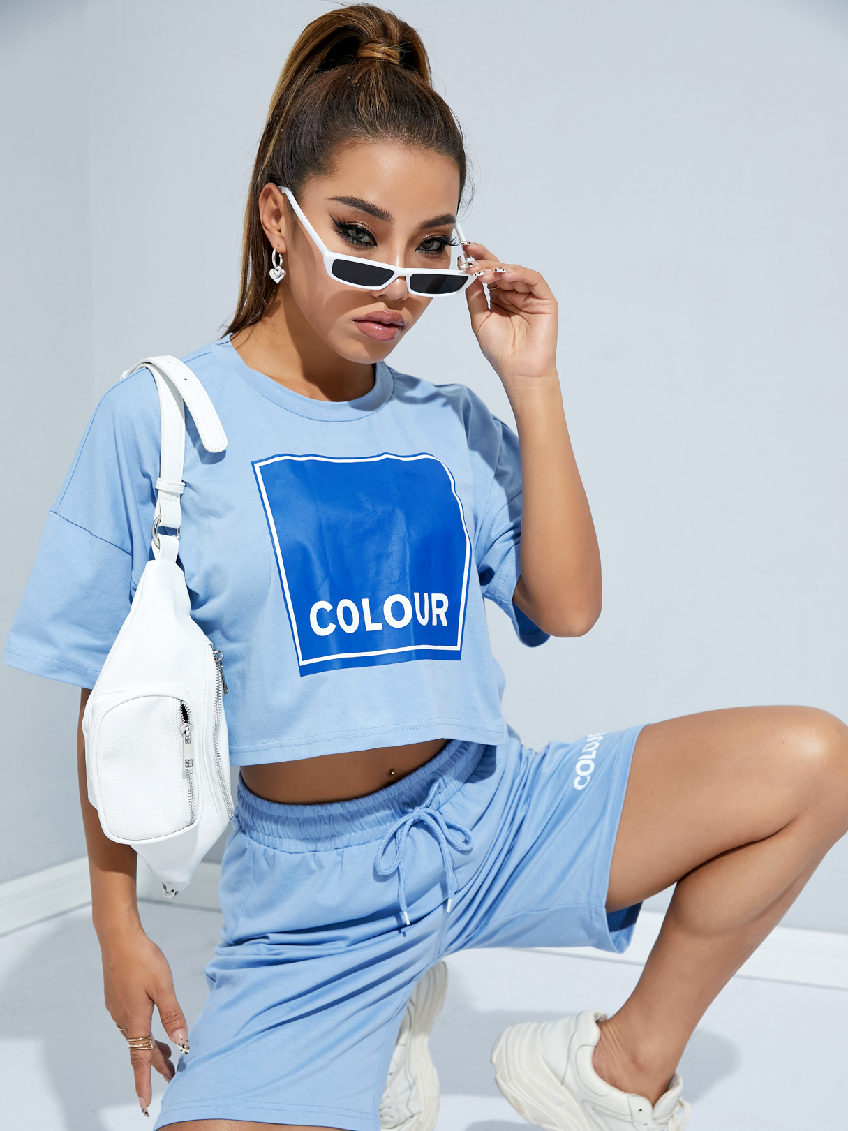 YOINS Letter Short Sleeves Crop Two Pieces Outfit