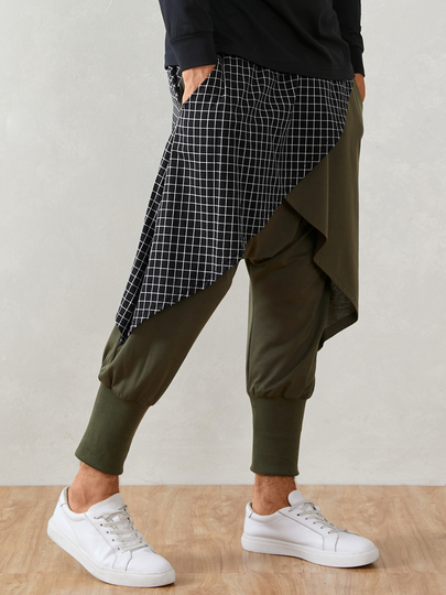 Men Plaid Patchwork Layered Drop-Crotch Harem Pants