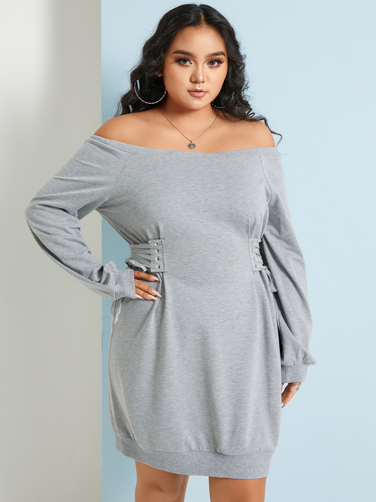 YOINS Plus Size Off The Shoulder Lace-up Design Long Sleeves Mini Dress
