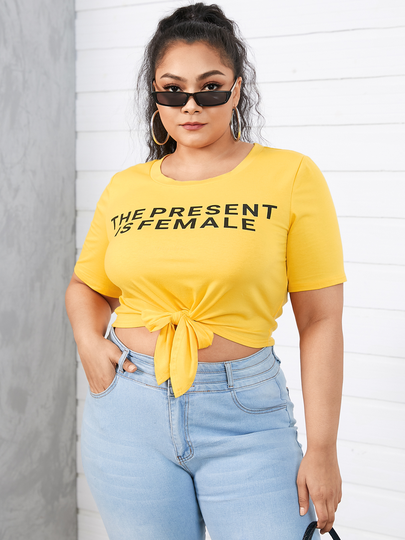 YOINS BASICS Plus Size Crew Neck Letter Tie-up Design Short Sleeves Tee