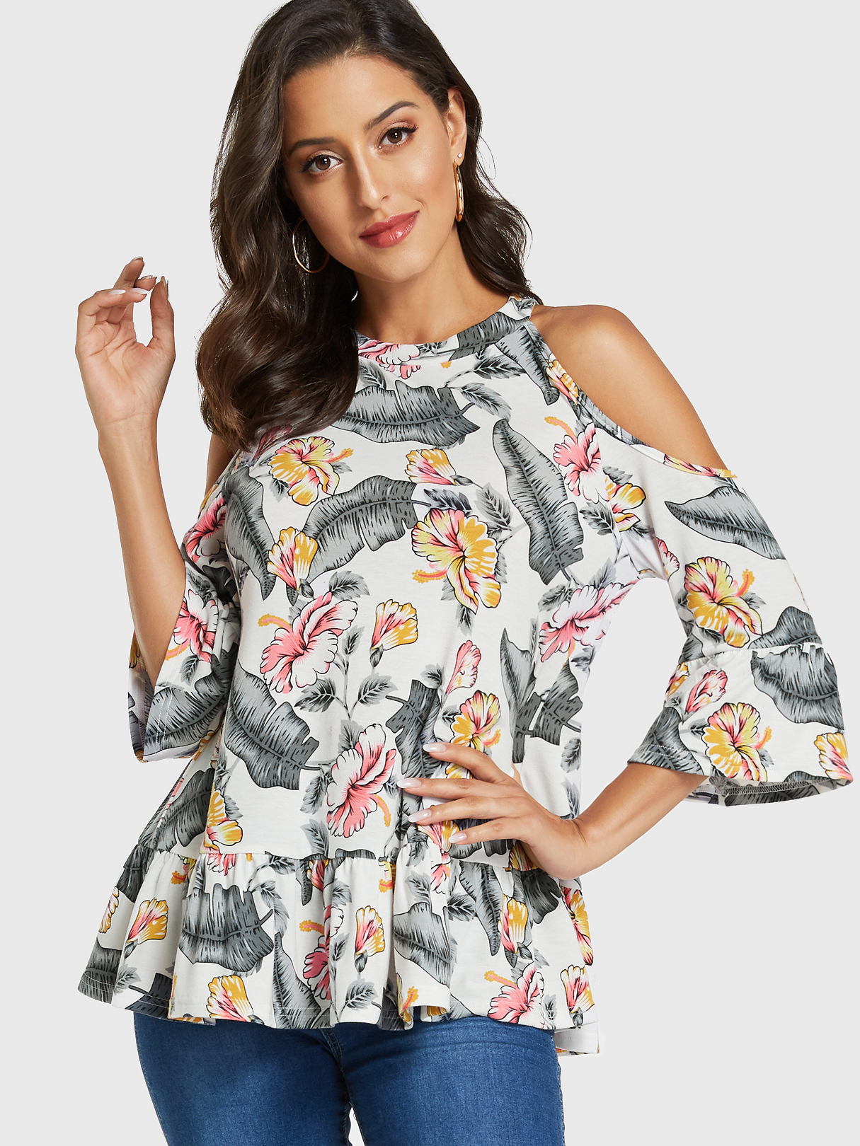 YOINS White Random Floral Print Round Neck Long Sleeves Blouse