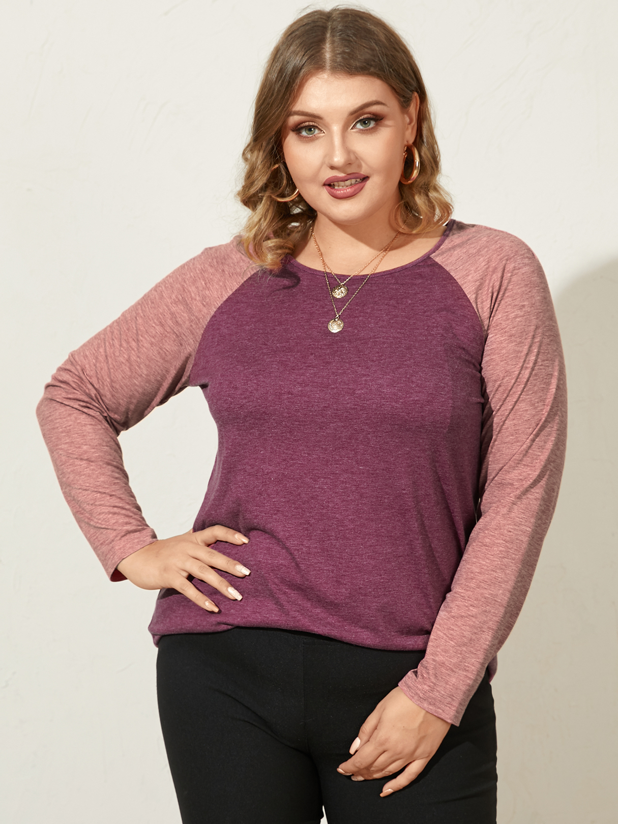 YOINS Plus Size Round Neck Patchwork Knit Long Sleeves Tee