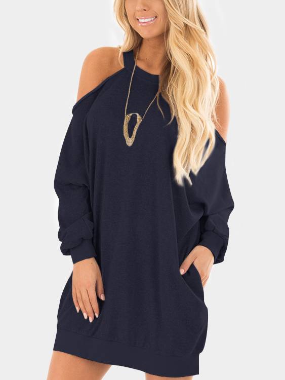 Navy Cold Shoulder Long Sleeves Sweatshirt Dress