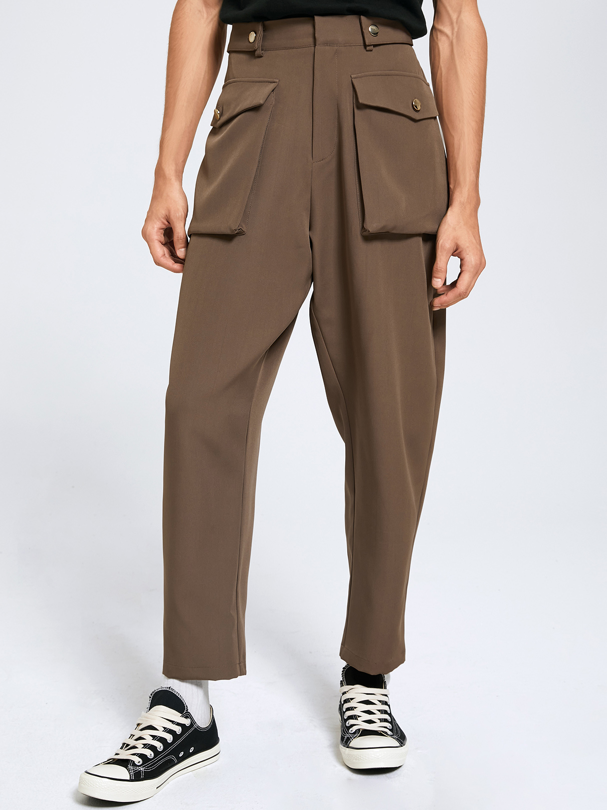 Men Vintage Plain Big Pocket High Waist Casual Pants