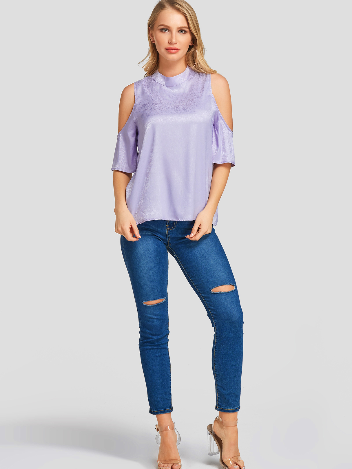 YOINS Purple Cold Shoulder Half Sleeves Blouse