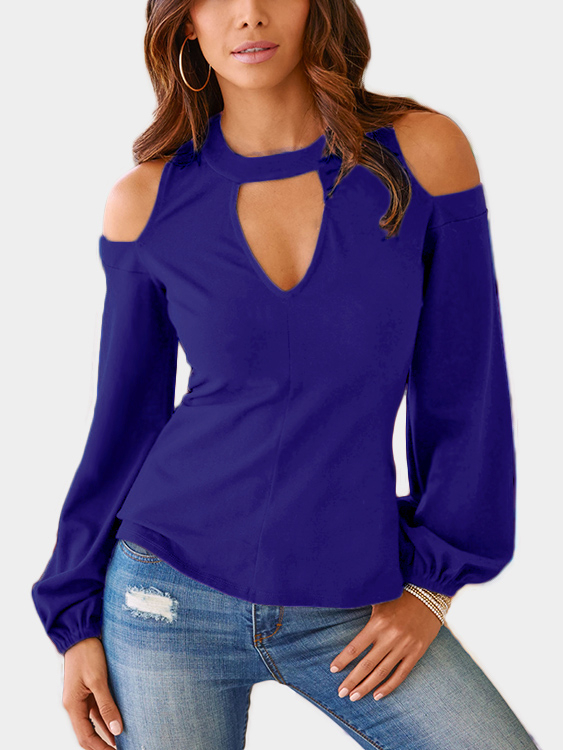 Blue Cut Out Cold Shoulder Long Sleeves Top