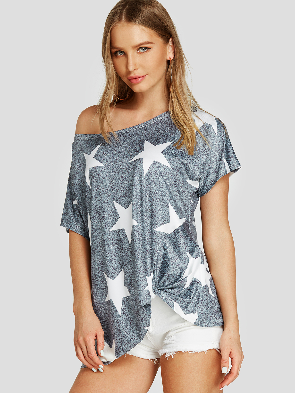 Grey Twist Star Pattern One Shoulder Tee