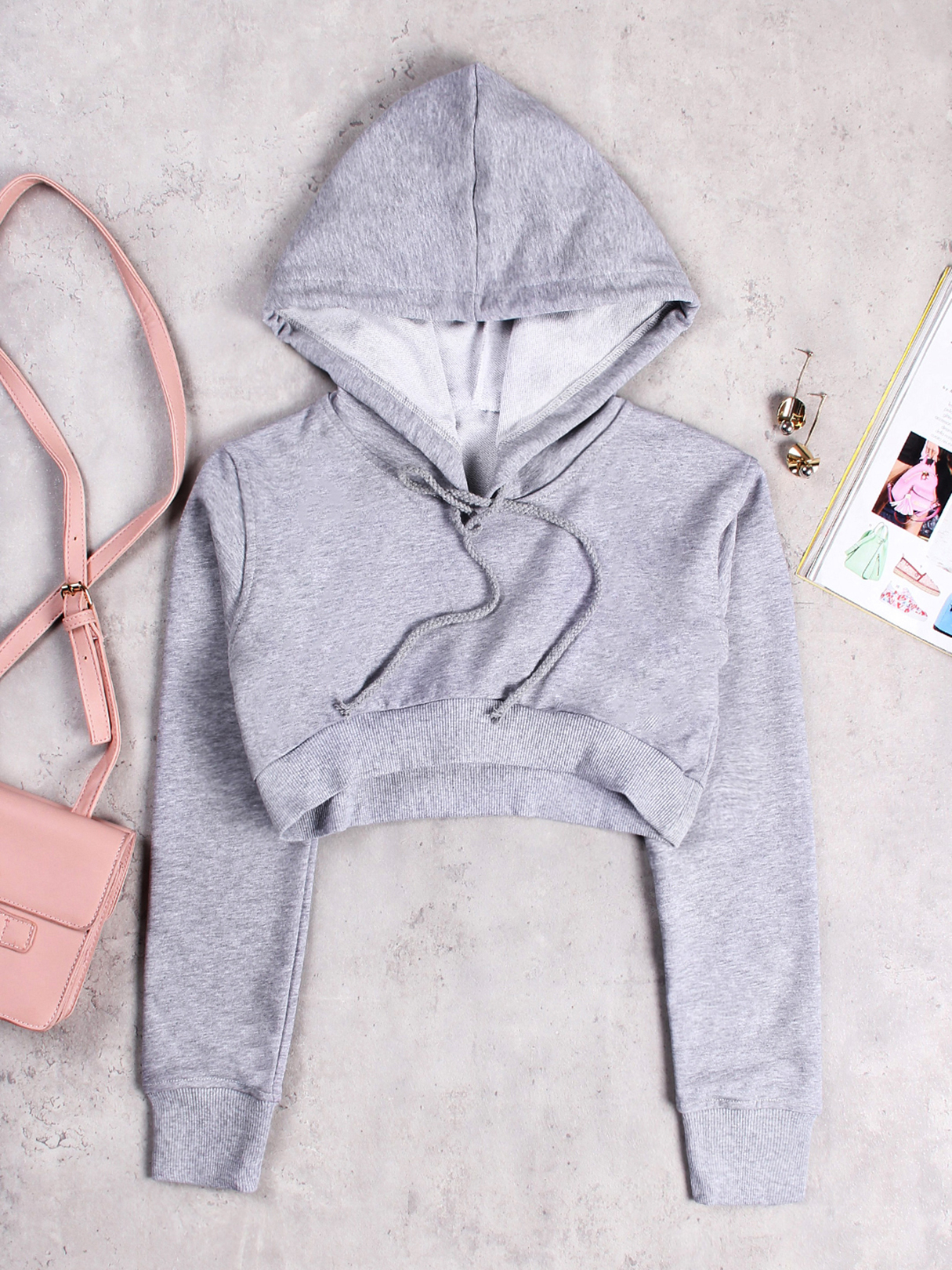 Grey Active Round Neck Cut Out Drawstring Waist Sports Crop Hoodie