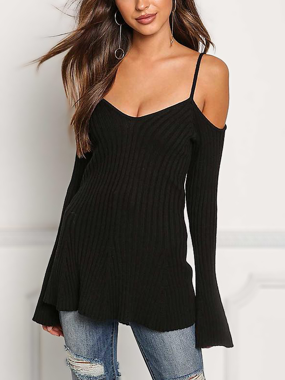 Black Cold Shoulder Bell Sleeves Ribbed Knit Top