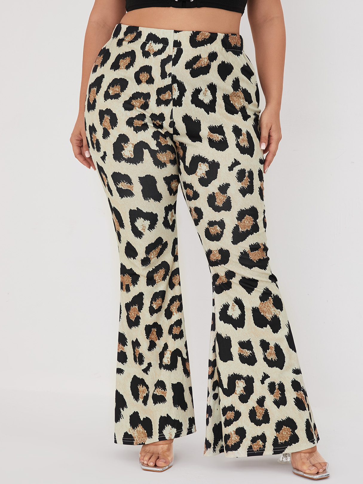 Plus Size Brown Elastic Strap Leopard Pants