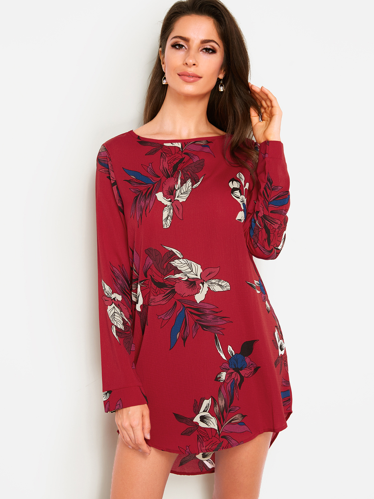 Burgundy Random Floral Print Round Neck Long Sleeves Curved Hem Dress