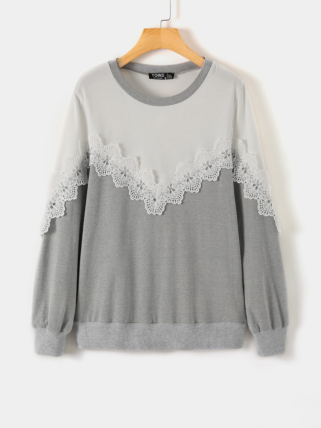 YOINS Grey Lace Details Patchwork Round Neck Long Sleeves Sweatshirt