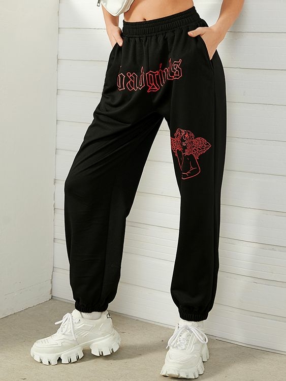 YOINS Angel Print Graphic Side Pockets Pants
