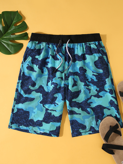Men Holiday Blue Camo Print Beach Shorts Swimwear