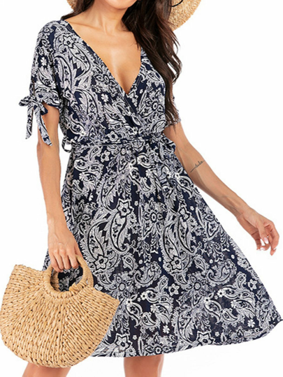 Navy Belted Random Floral Print Deep V Neck Short Sleeves Dress