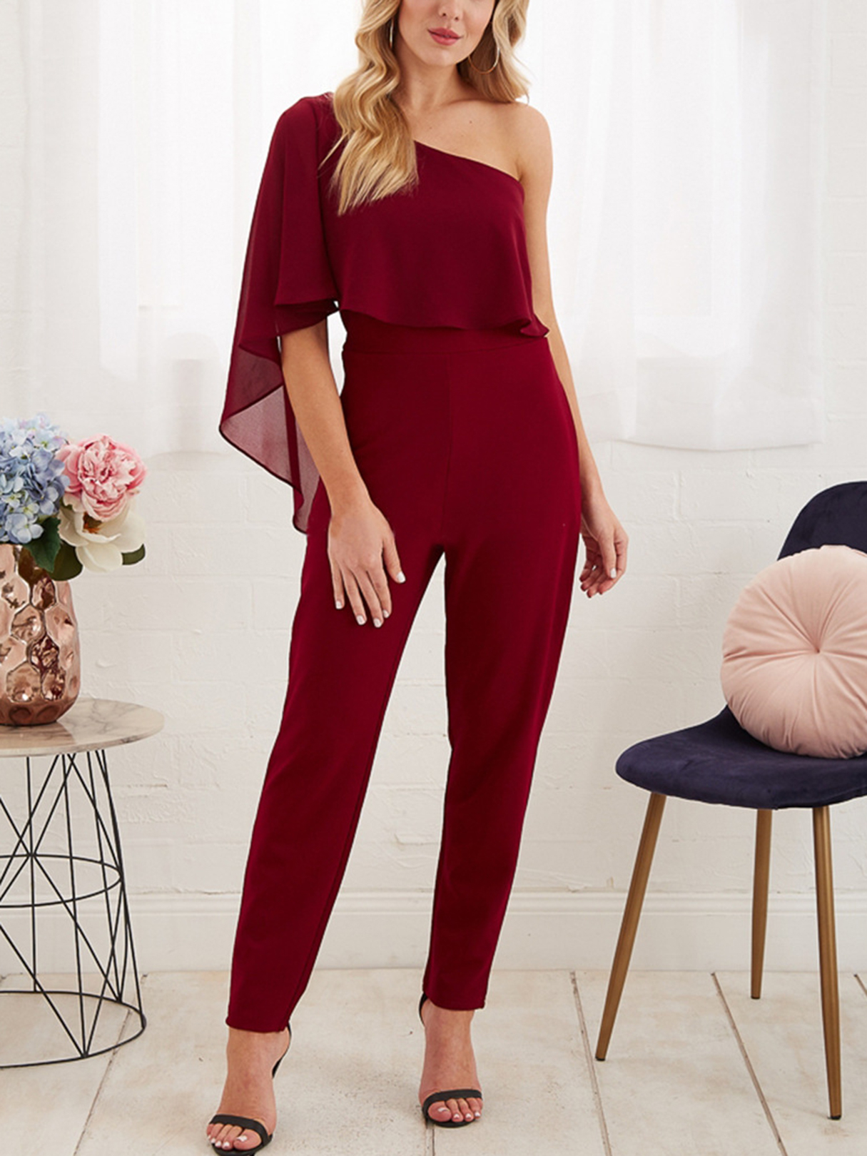 Burgundy One shoulder Overlay Jumpsuit
