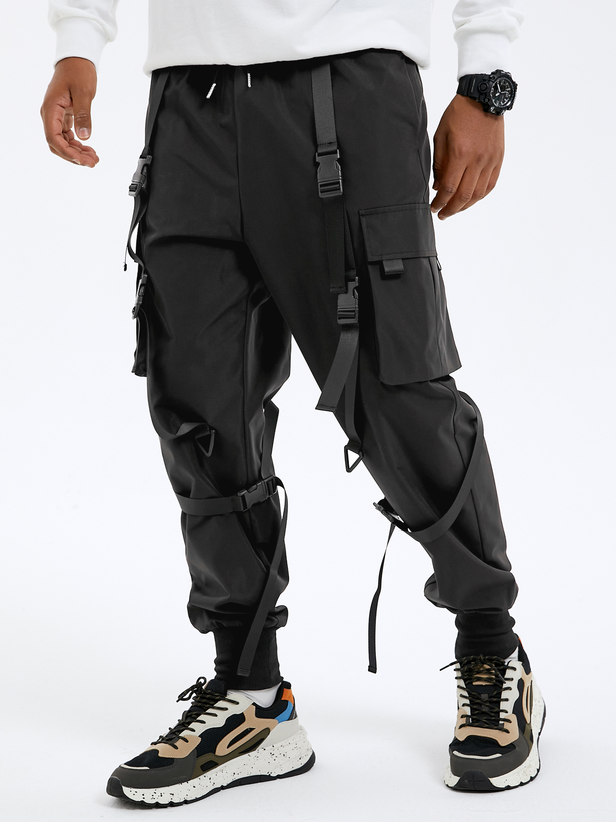 Men Hip Hop Style Plain Buckle Ribbon Design Elastic Waist Cargo Pants