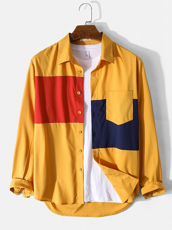Newchic Men Casual Color Block Patchwork Pocket Shirt