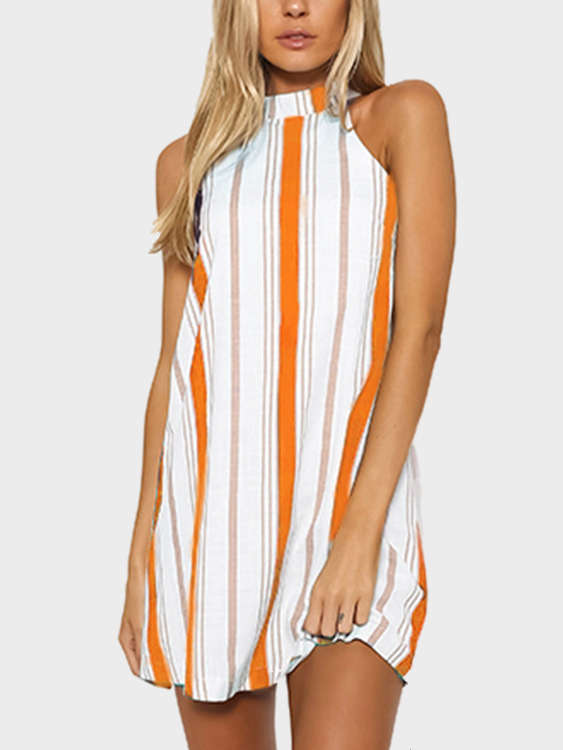 Orange Stripe Halter Neck Mini Dress