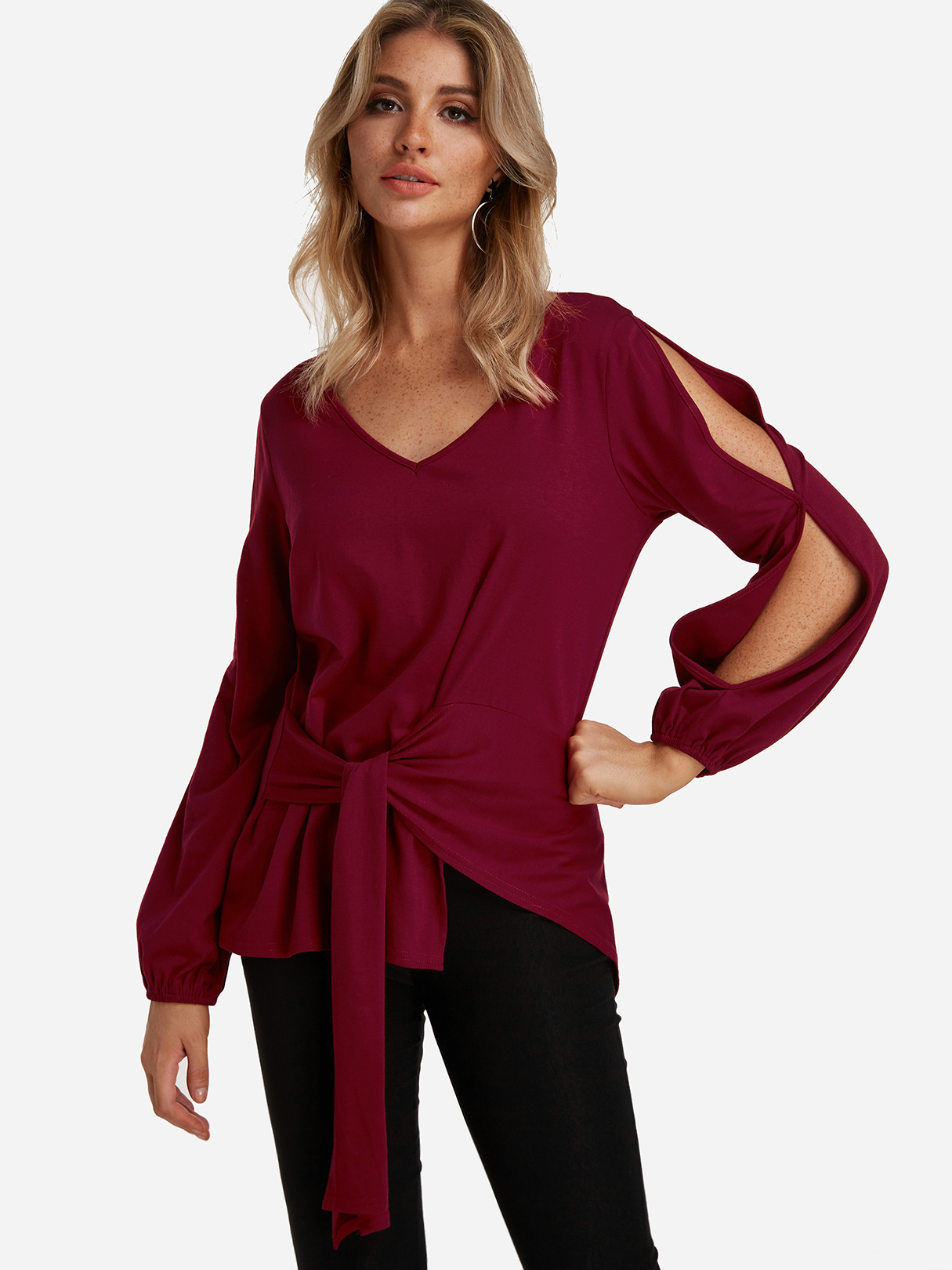 Burgundy Slit Design Plain V-neck Long Sleeves Top