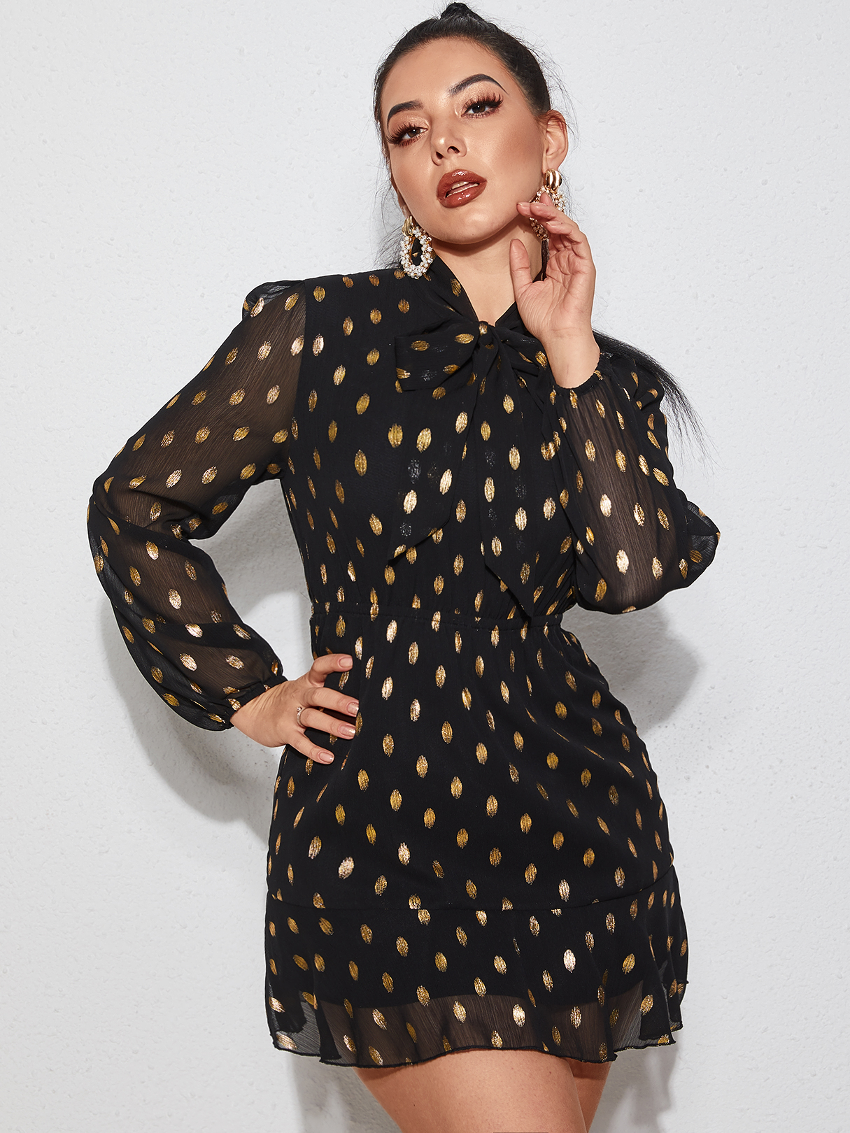 YOINS Black Polka Dot Bowknot Self-tie Design Long Sleeves Dress