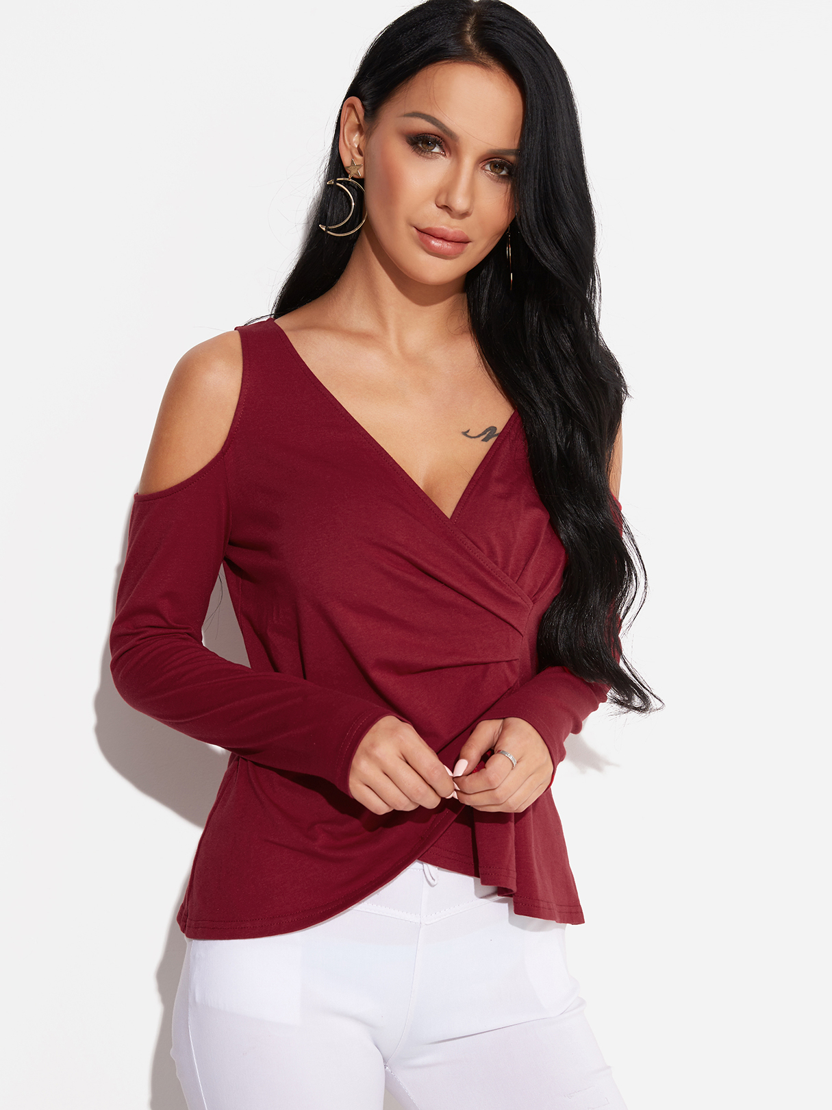 Burgundy Cold Shoulder Crossed Sexy Blouse