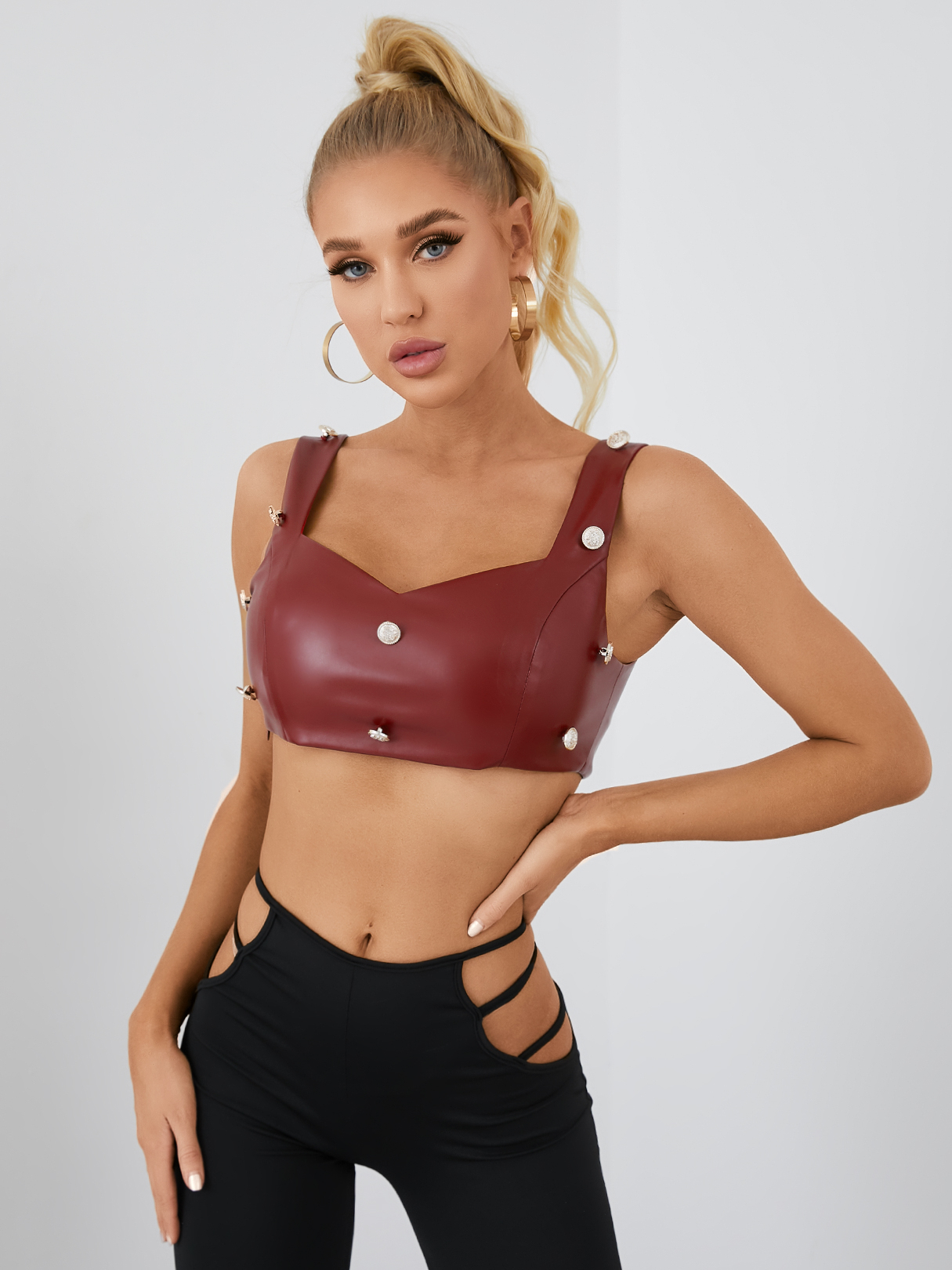 YOINS Faux Leather Button Design V-neck Cami