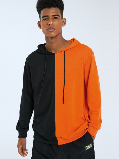 Men Casual Hooded Patchwork Drawstring Hoodie