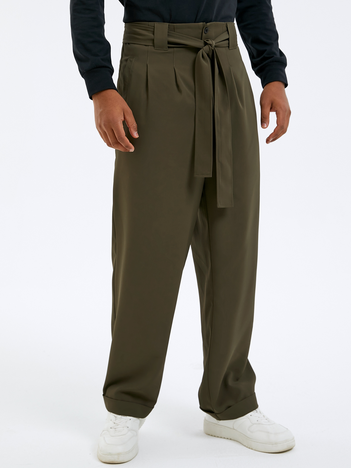 Men Fashion Belt Design Knotted High Waist Casual Pants
