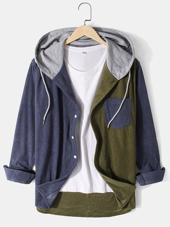 Newchic Corduroy Color Block Hooded Shirt
