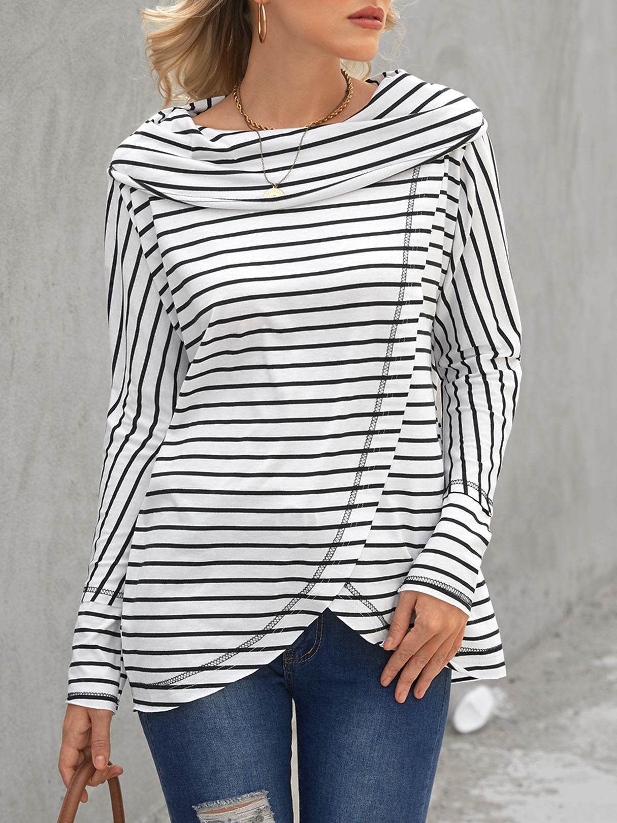 YOINS White Striped Crossed Front Design Long Sleeves Sweatshirt