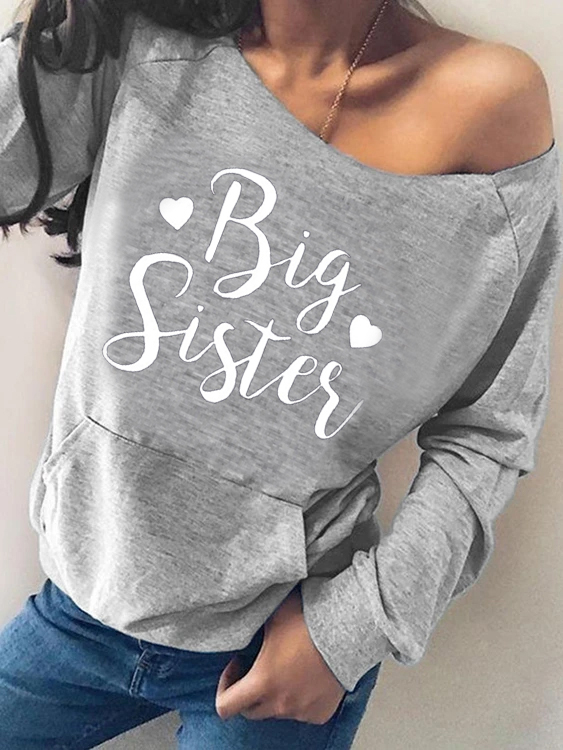 Yoins Grey Letter One shoulder Pocket Design Long Sleeves Tee
