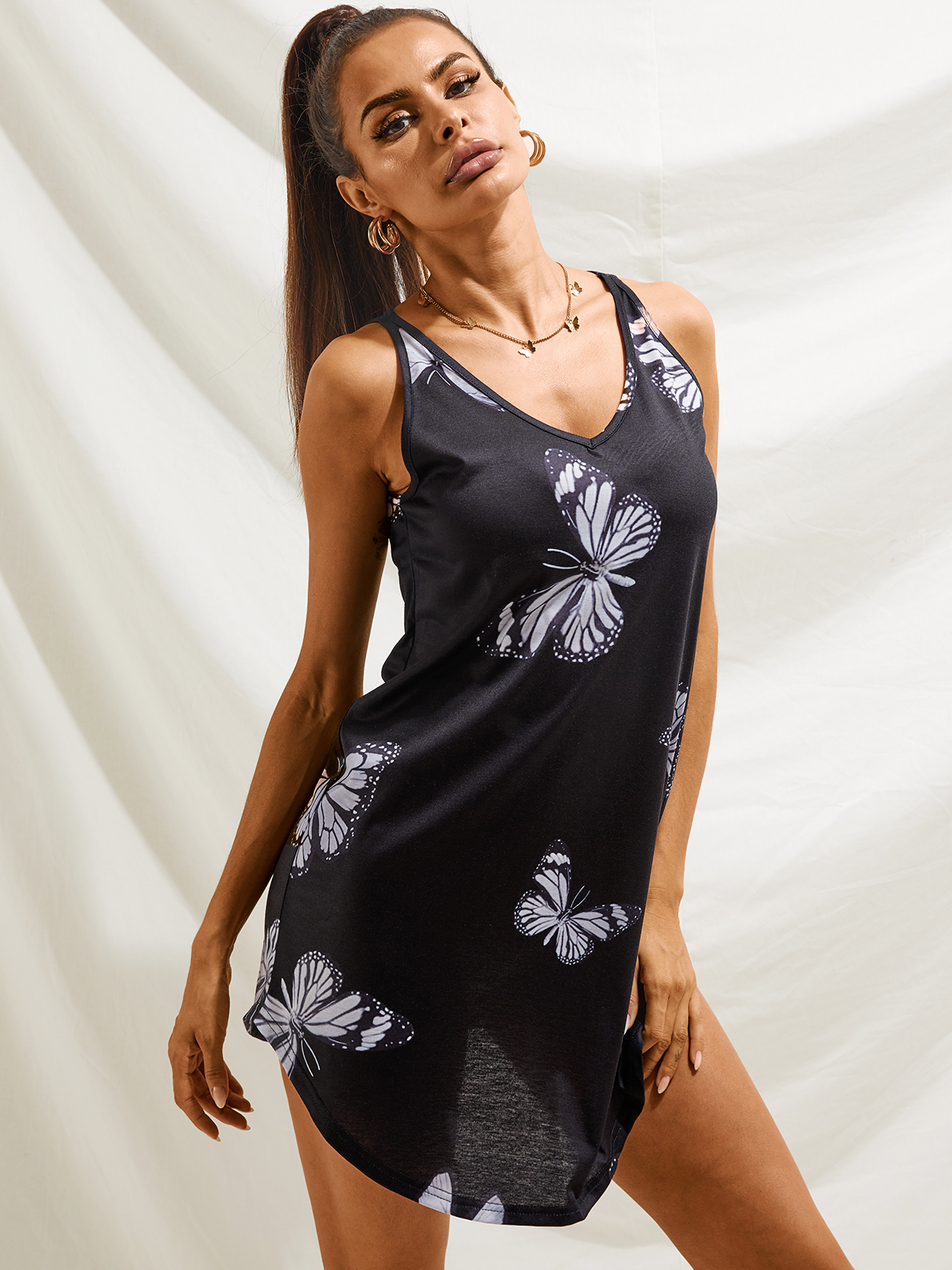 YOINS Casual Butterfly Pattern Thick Strap Round Neck Sleeveless Mini Dress