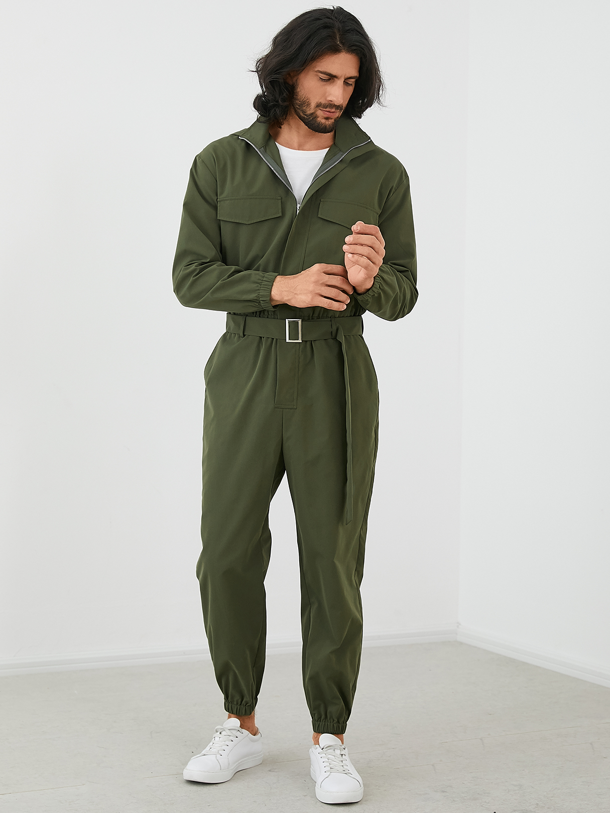 Men Zipper Up Lapel Neck Long Sleeve Belted Overalls Jumpsuit