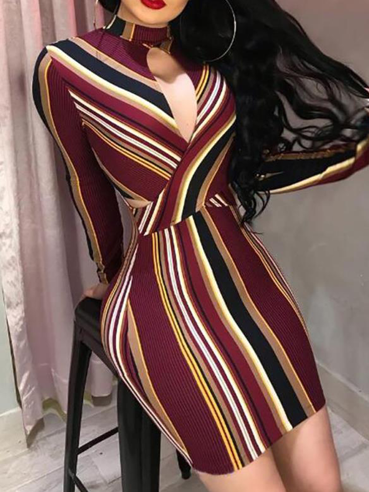 YOINS Red Cut Out Striped High Neck Long Sleeves Dress