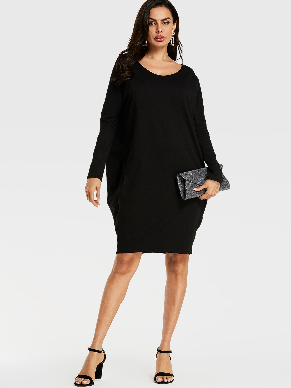YOINS Black Round Neck Backless Long Sleeves Dress