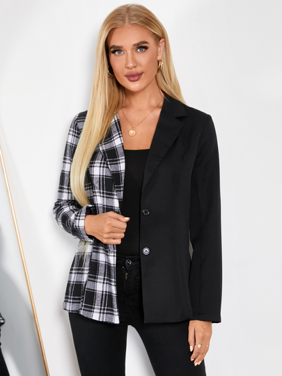 YOINS Black Plaid Patchwork Design Notch Collar Blazer