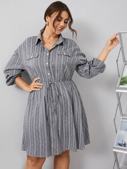 YOINS Plus Size Classic Collar Striped Tie-up Design Long Sleeves Dress
