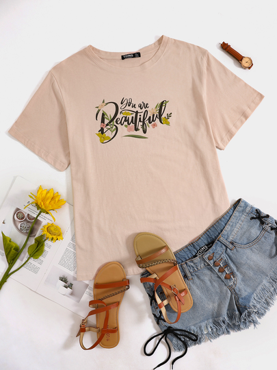 Plus Size Crew Neck Letter Print Short Sleeves Tee