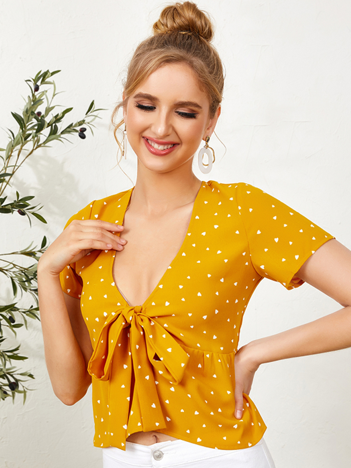 YOINS Heart Pattern Polka Dot Deep v Neck Short Sleeves Blouse