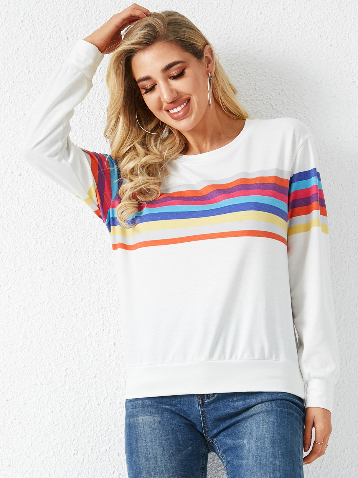 YOINS White Striped Round Neck Long Sleeves Shirt