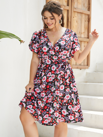 YOINS Plus Size Floral Print Belt Design Crossed Front Design Short Sleeves Dress