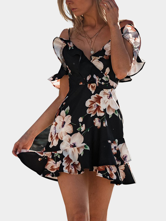 Random Floral Print Spaghetti V-neck Flounced Hem Dress