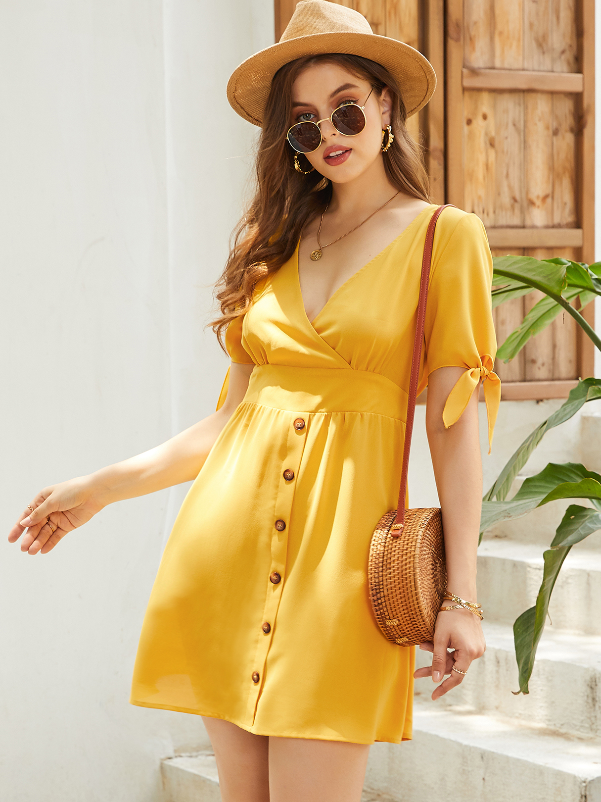 YOINS Yellow V-neck Button Front Wrap Design Short Sleeves Mini Dress