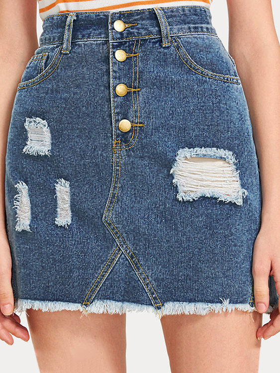 Button Front Ripped Middle-Waisted Denim Skirt